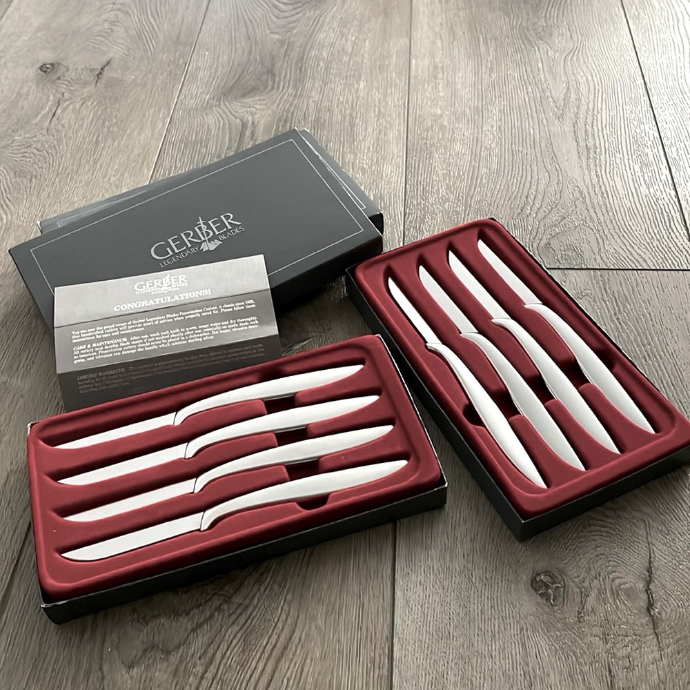 Set Of 8 Gerber Steak Knives NEVER USED Cardboard Boxes have some scuffed edges